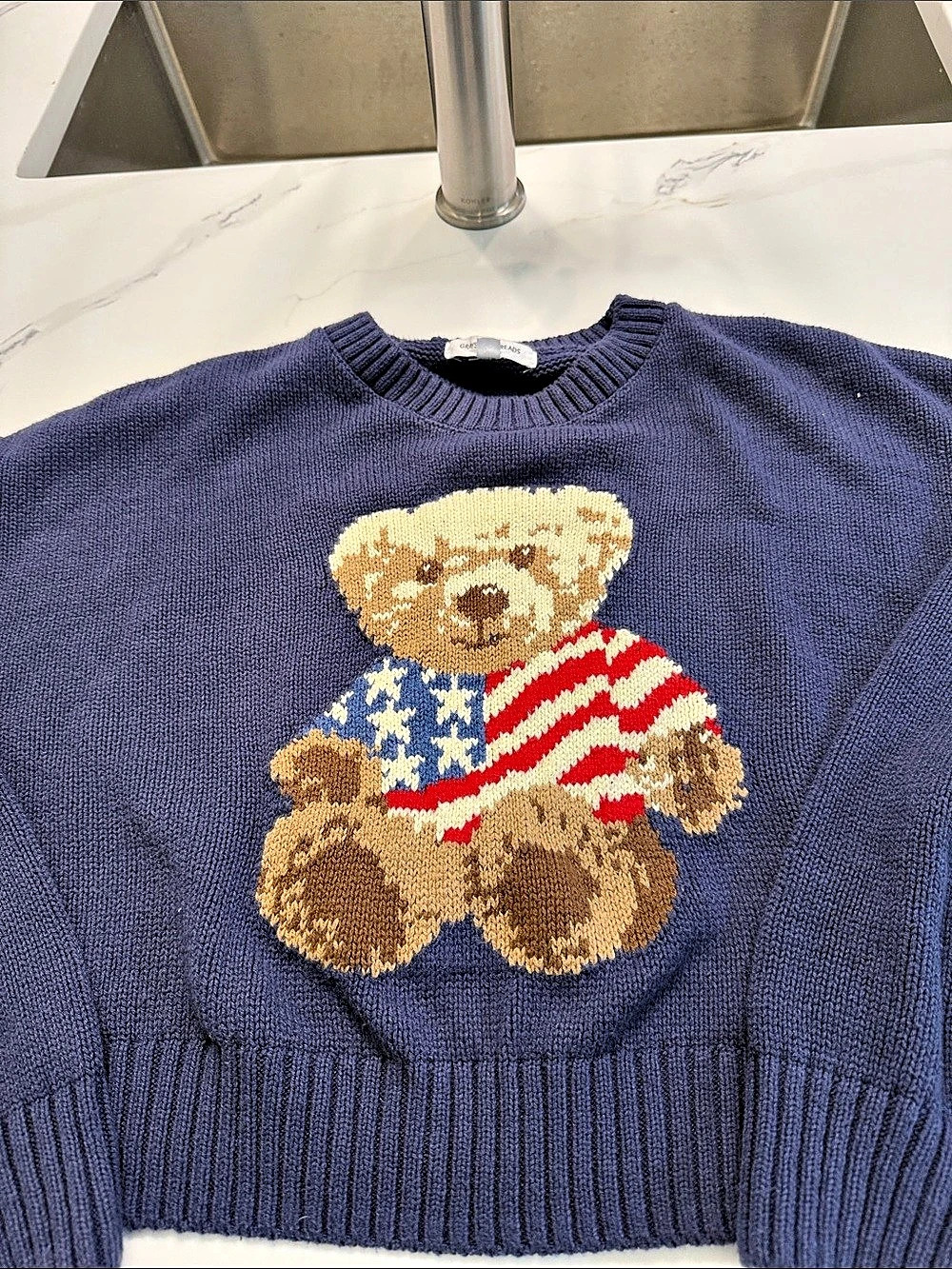 Grayson Threads American Flag Teddy Bear Navy Sweater Blue XL